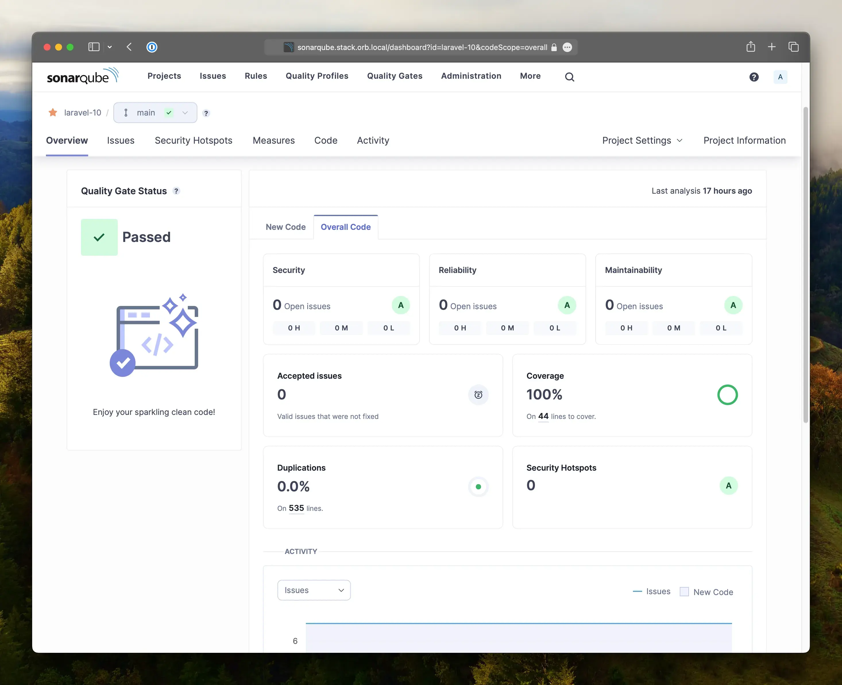 Tampilan hasil sonar-scanner di SonarQube lokal